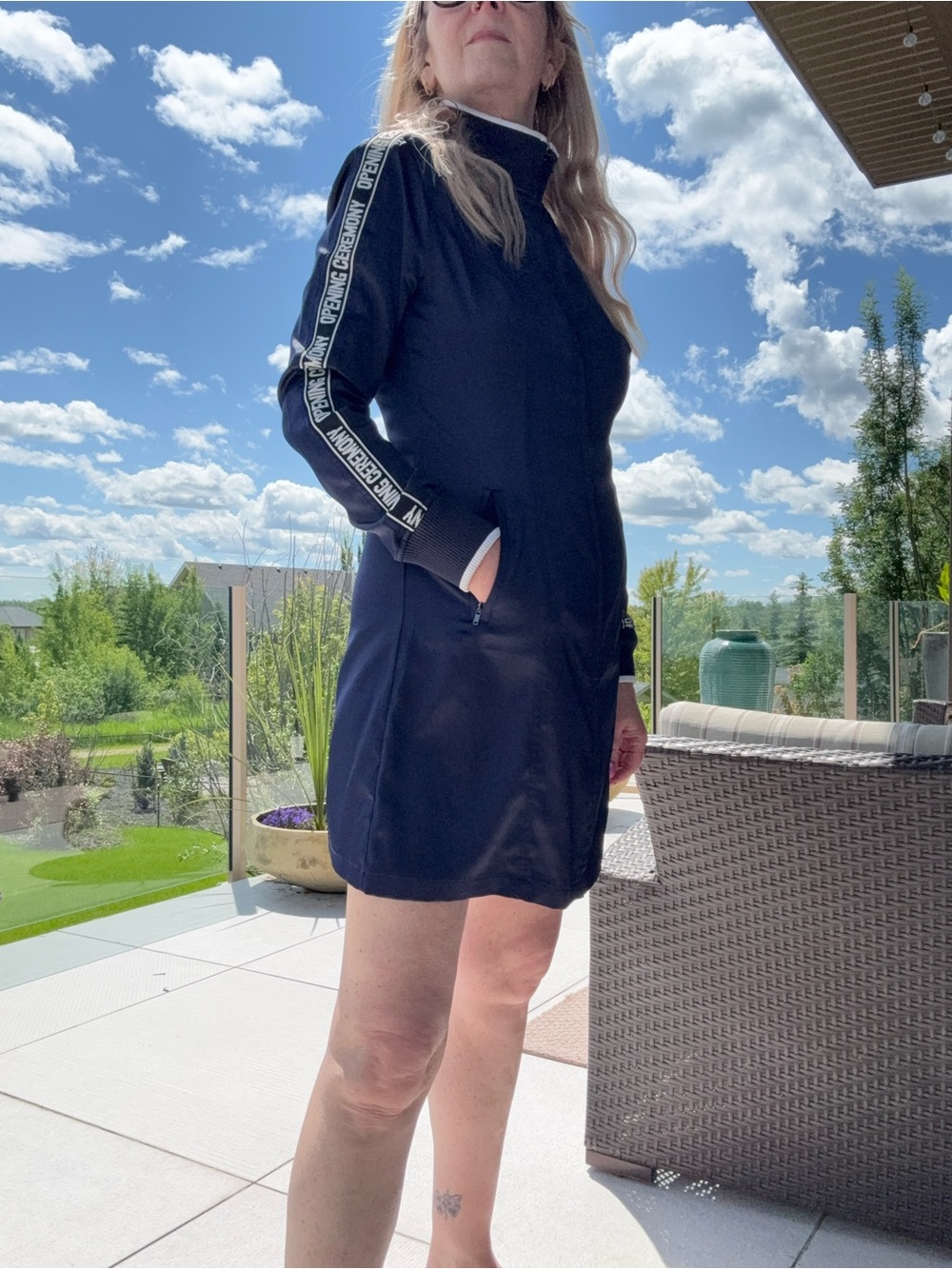 Navy Long Jacket with Logo Trim